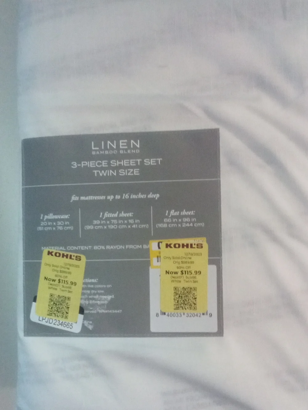 Linden Linen Bamboo Blend Sheet Set NWT $289.99 White 3 Piece Twin